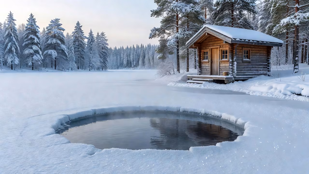An ice-swimming avanto hole in the ice beside a frozen lake and a wooden sauna cabin in winter