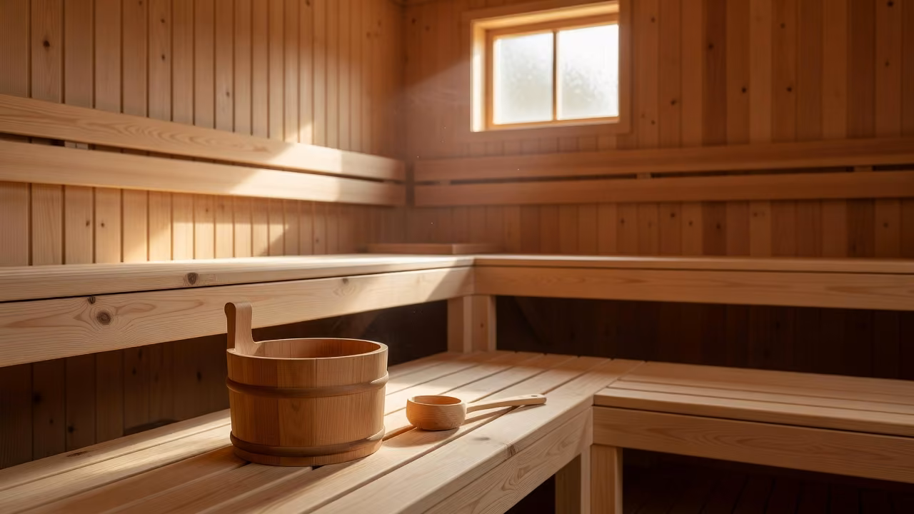 A warm wooden sauna interior with tiered benches, a ladle and bucket on the bench