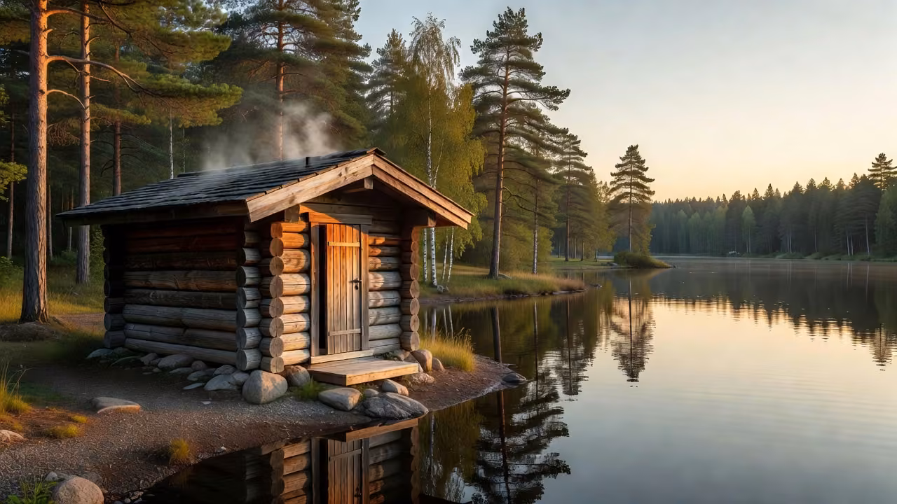 A wooden Finnish sauna cabin on the shore of a calm lake in early evening light, steam rising from the roof