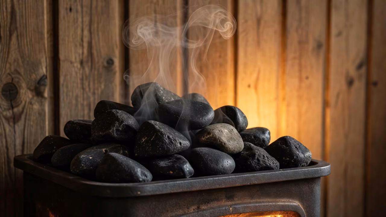 Hot sauna stones on a wood-fired heater with löyly steam rising in warm light