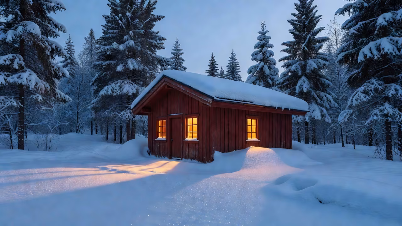 A red wooden Finnish sauna house in deep snow with warm glowing windows at twilight